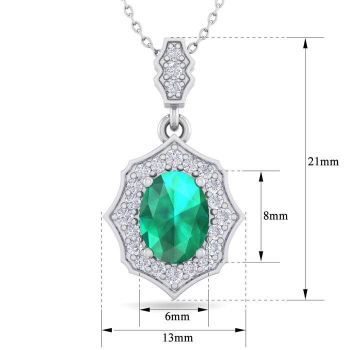 1-1/2 Carat Oval Shape Emerald Necklaces With Diamonds In 14 Karat White Gold, 18 Inch Chain