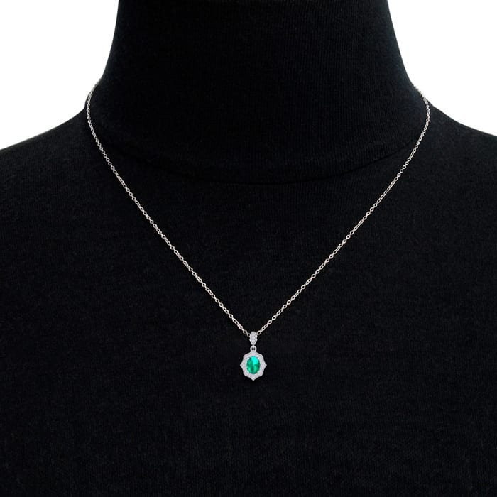 1-1/2 Carat Oval Shape Emerald Necklaces With Diamonds In 14 Karat White Gold, 18 Inch Chain