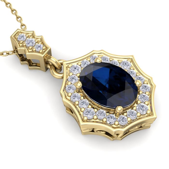 1 3/4 Carat Oval Shape Sapphire and Diamond Necklace In 14 Karat Yellow Gold, 18 Inches