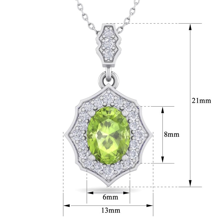 1 1/2 Carat Oval Shape Peridot and Diamond Necklace In 14 Karat White Gold, 18 Inches