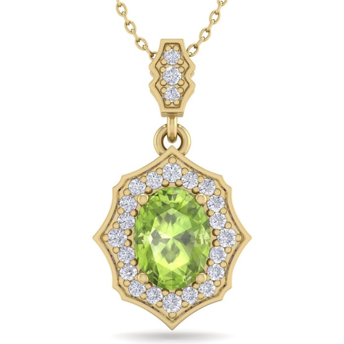 1 1/2 Carat Oval Shape Peridot and Diamond Necklace In 14 Karat Yellow Gold, 18 Inches