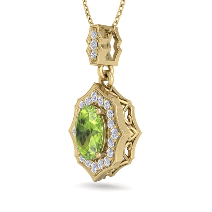 1 1/2 Carat Oval Shape Peridot and Diamond Necklace In 14 Karat Yellow Gold, 18 Inches
