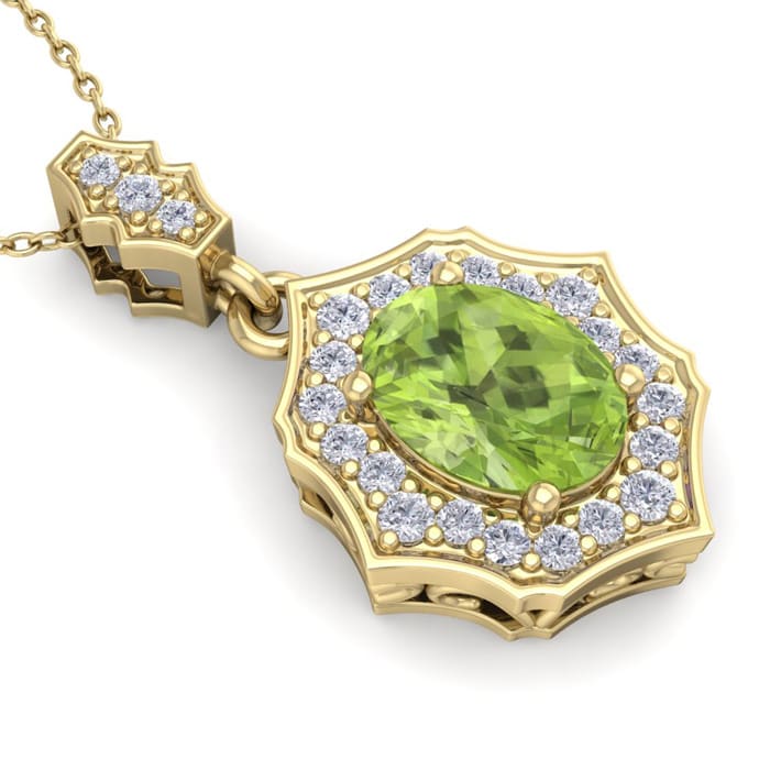 1 1/2 Carat Oval Shape Peridot and Diamond Necklace In 14 Karat Yellow Gold, 18 Inches