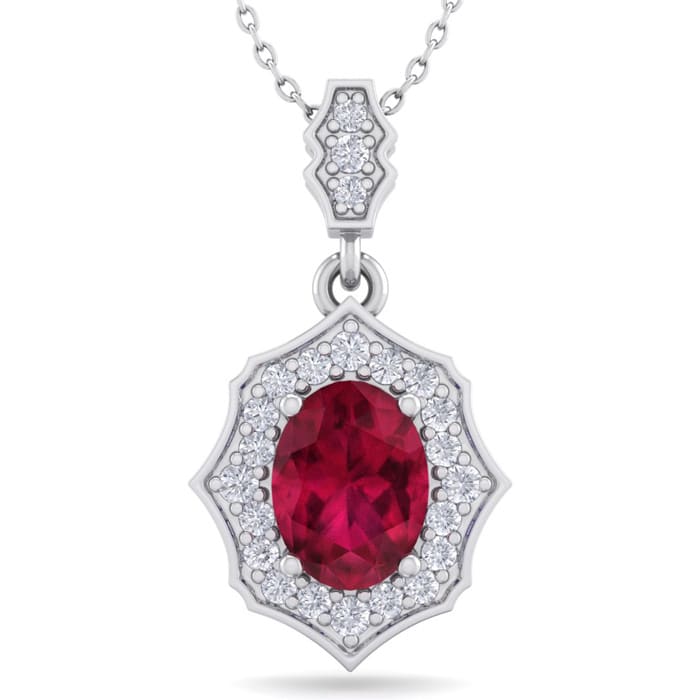 1 3/4 Carat Oval Shape Ruby and Diamond Necklace In 14 Karat White Gold, 18 Inches