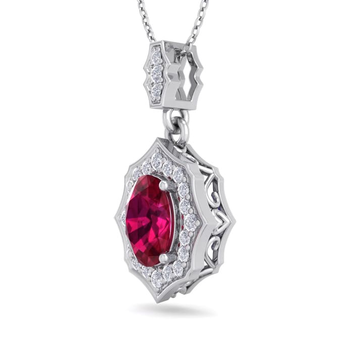 1 3/4 Carat Oval Shape Ruby and Diamond Necklace In 14 Karat White Gold, 18 Inches