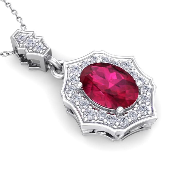 1 3/4 Carat Oval Shape Ruby and Diamond Necklace In 14 Karat White Gold, 18 Inches