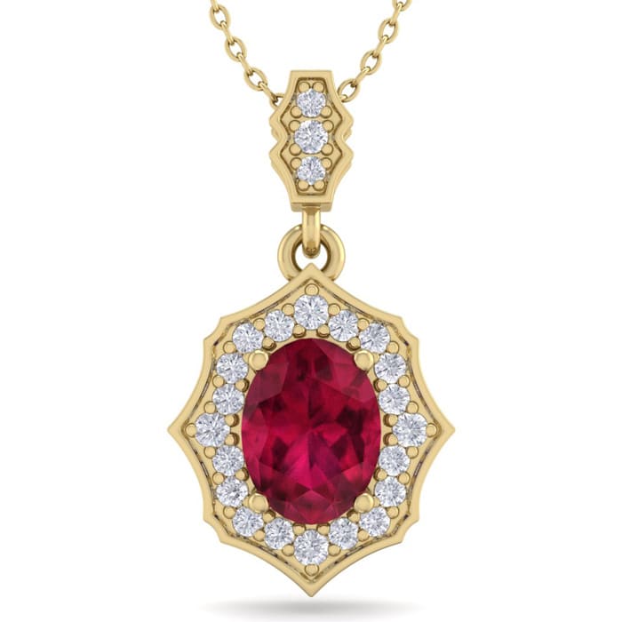 1 3/4 Carat Oval Shape Ruby and Diamond Necklace In 14 Karat Yellow Gold, 18 Inches
