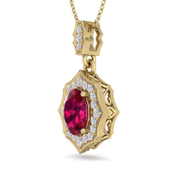 1 3/4 Carat Oval Shape Ruby and Diamond Necklace In 14 Karat Yellow Gold, 18 Inches