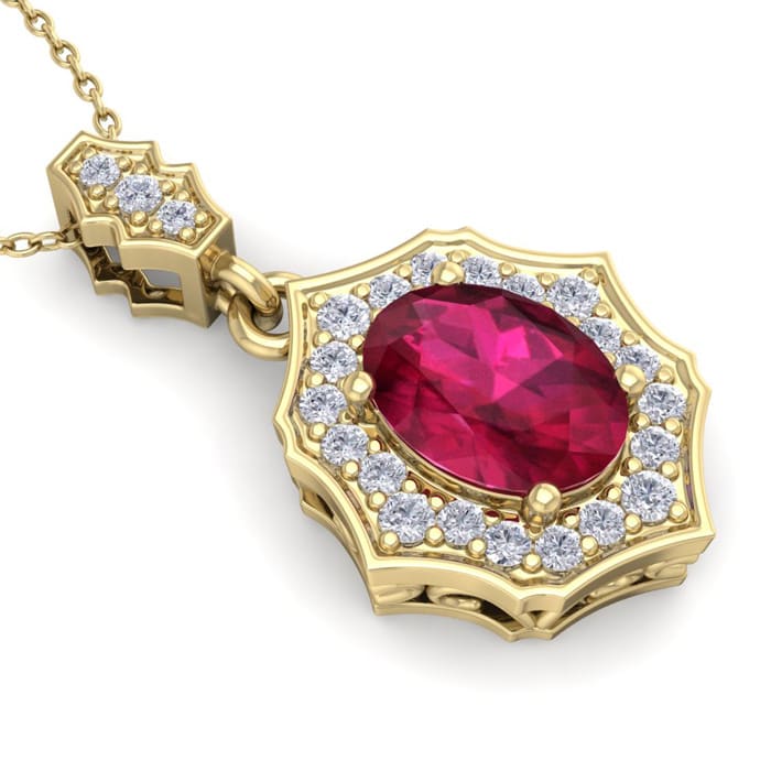 1 3/4 Carat Oval Shape Ruby and Diamond Necklace In 14 Karat Yellow Gold, 18 Inches