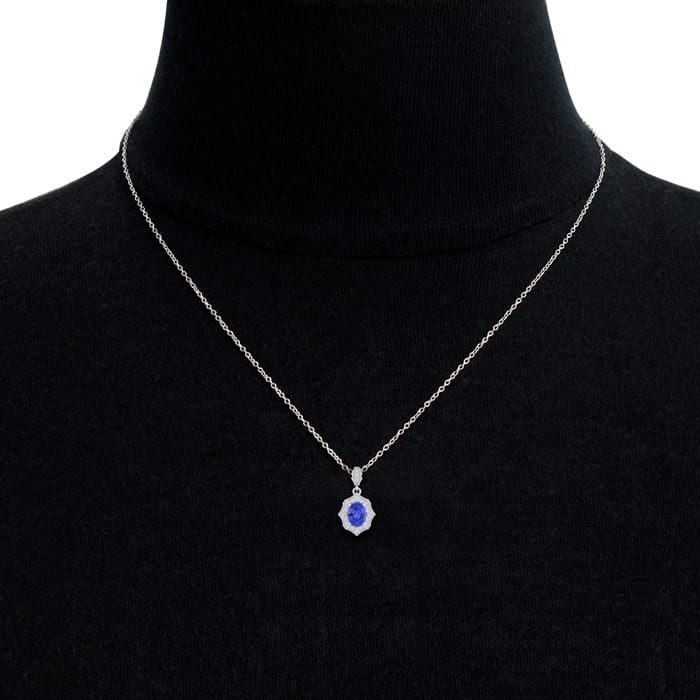 1 1/2 Carat Oval Shape Tanzanite and Diamond Necklace In 14 Karat White Gold, 18 Inches