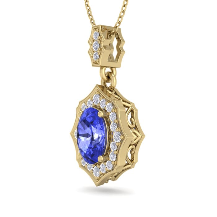 1 1/2 Carat Oval Shape Tanzanite and Diamond Necklace In 14 Karat Yellow Gold, 18 Inches