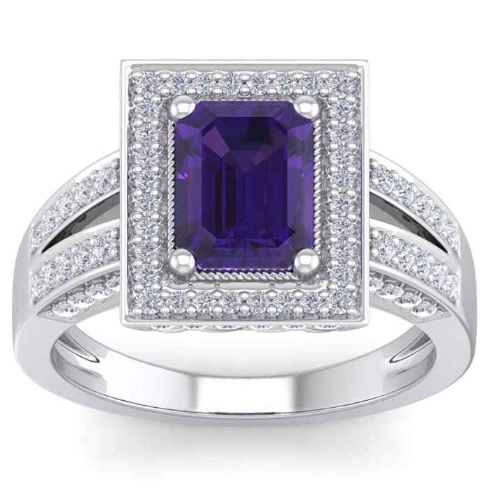 2 1/5 Carat Amethyst and Halo Diamond Ring In 14 Karat White Gold