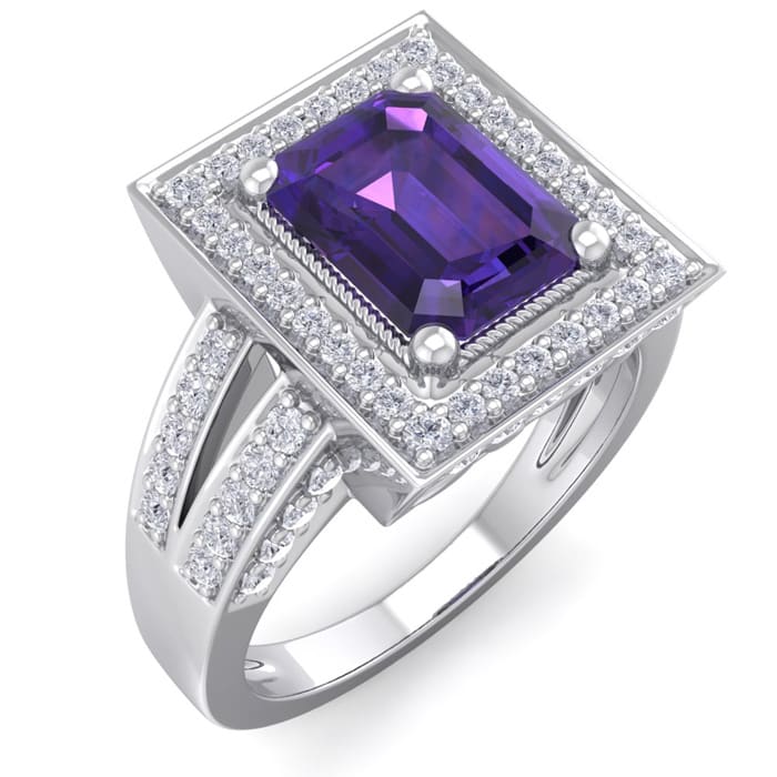 2 1/5 Carat Amethyst and Halo Diamond Ring In 14 Karat White Gold