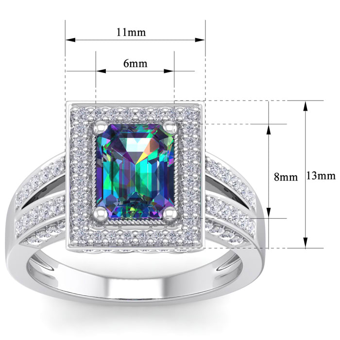 2-1/5 Carat Octagon Shape Mystic Topaz Ring With Halo Diamond In 14 Karat White Gold