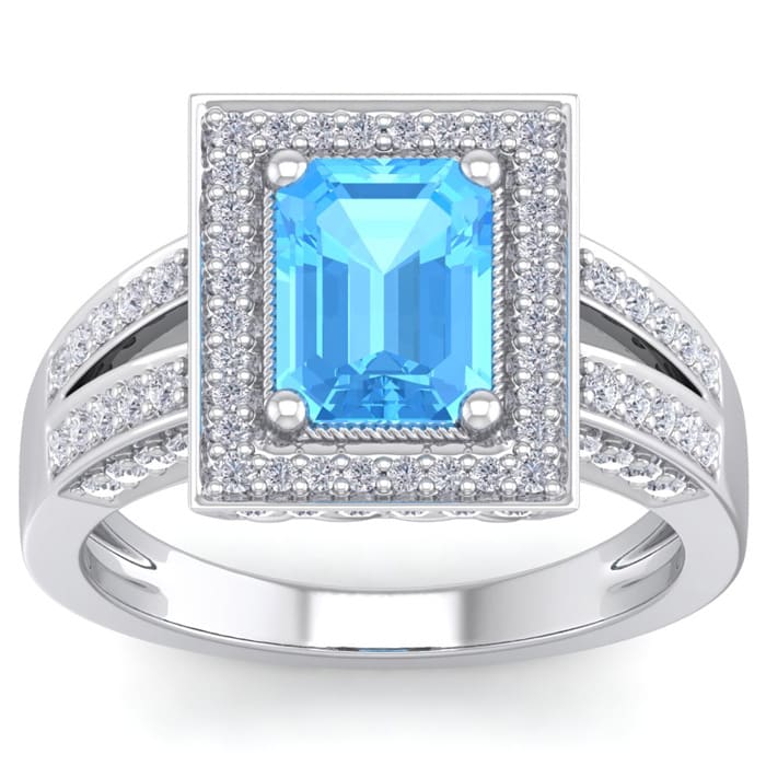 2 1/2 Carat Blue Topaz and Halo Diamond Ring In 14 Karat White Gold