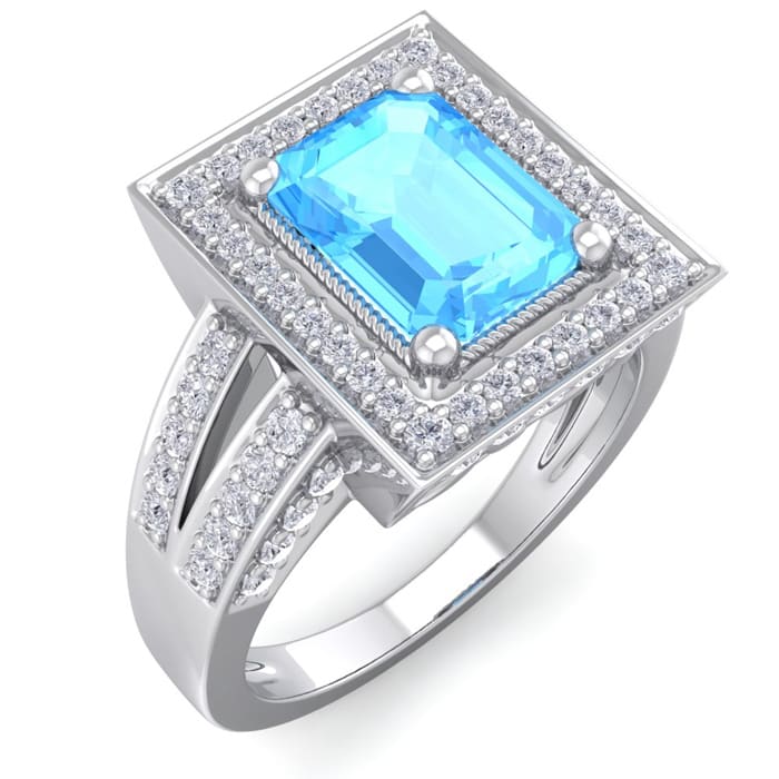 2 1/2 Carat Blue Topaz and Halo Diamond Ring In 14 Karat White Gold