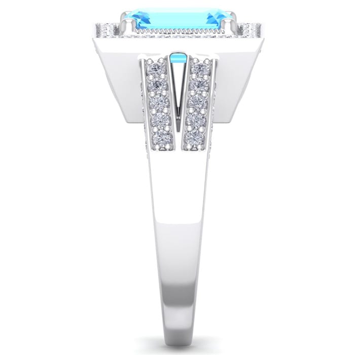 2 1/2 Carat Blue Topaz and Halo Diamond Ring In 14 Karat White Gold