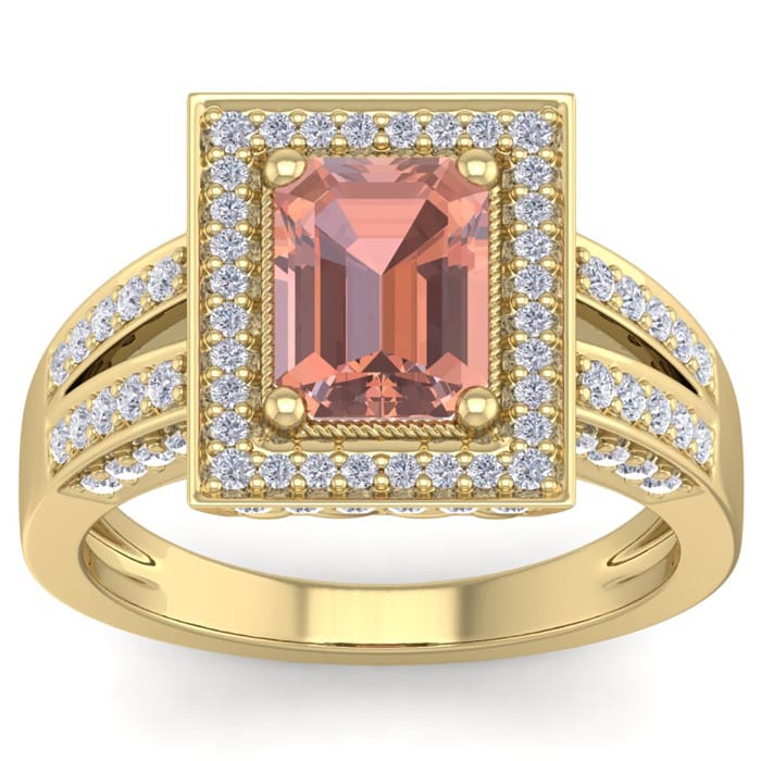 2 Carat Morganite and Halo Diamond Ring In 14 Karat Yellow Gold
