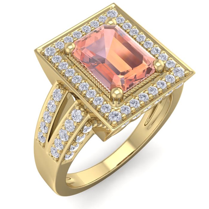 2 Carat Morganite and Halo Diamond Ring In 14 Karat Yellow Gold