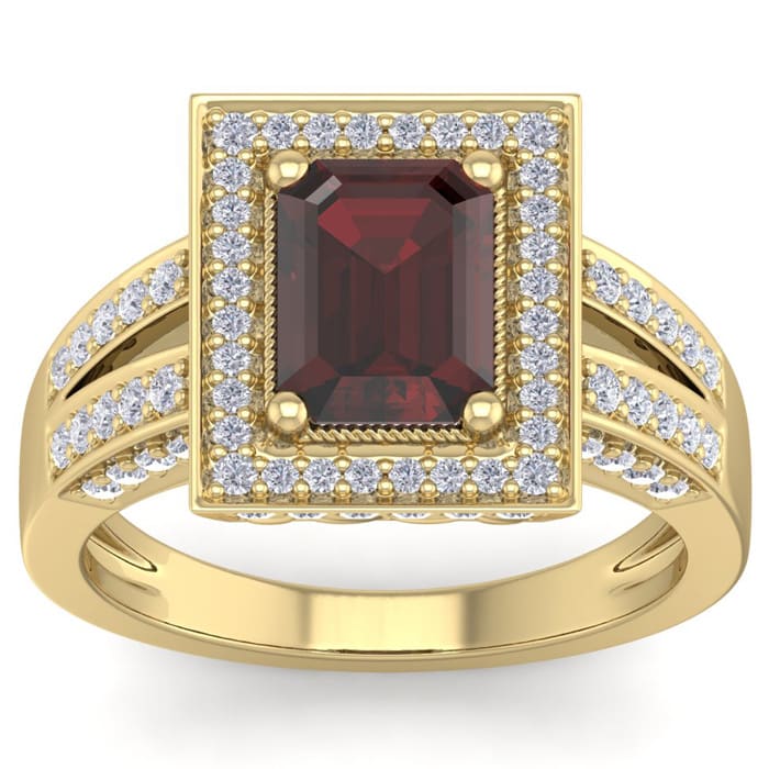 Garnet Ring: Garnet Jewelry: 2 1/2 Carat Garnet and Halo Diamond Ring In 14 Karat Yellow Gold