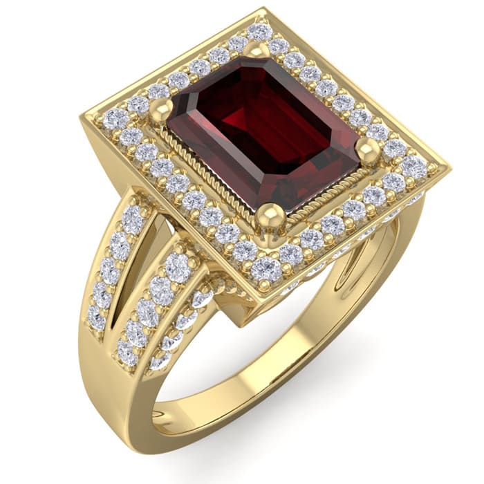 Garnet Ring: Garnet Jewelry: 2 1/2 Carat Garnet and Halo Diamond Ring In 14 Karat Yellow Gold