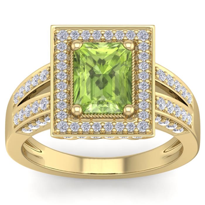 2 1/2 Carat Peridot and Halo Diamond Ring In 14 Karat Yellow Gold