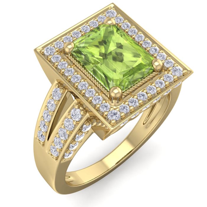 2 1/2 Carat Peridot and Halo Diamond Ring In 14 Karat Yellow Gold