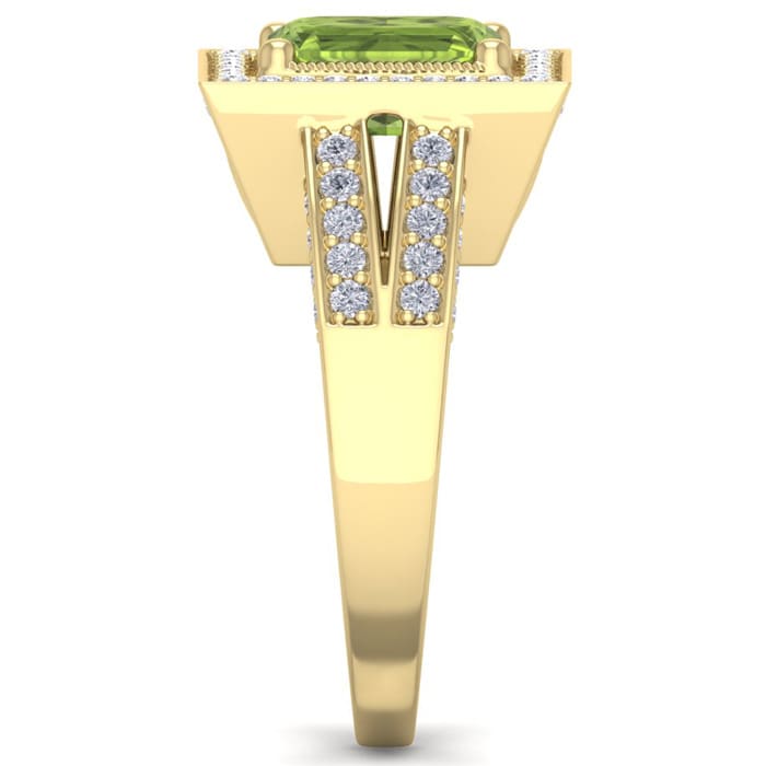 2 1/2 Carat Peridot and Halo Diamond Ring In 14 Karat Yellow Gold
