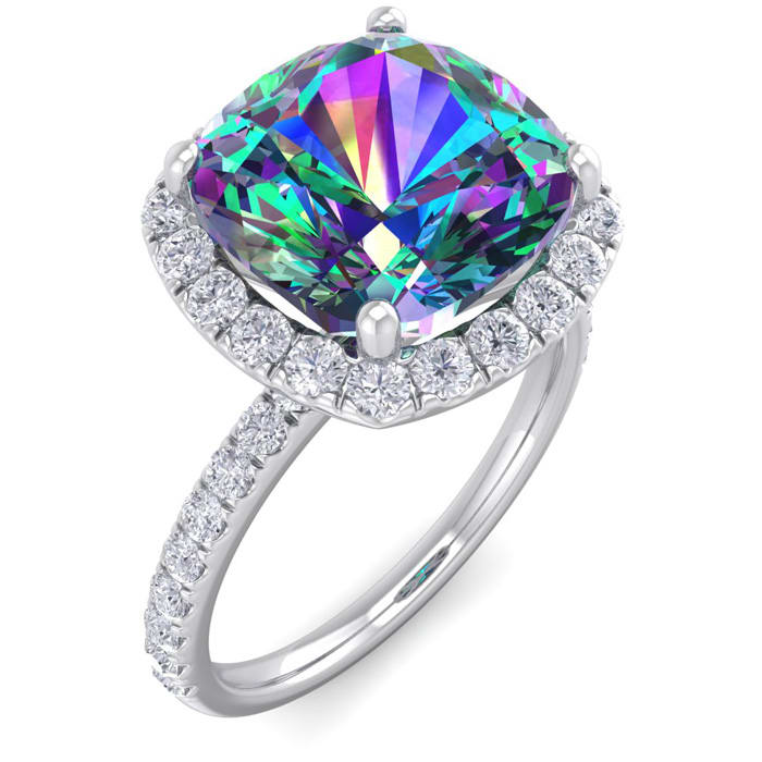 5 1/2 Carat Cushion Shape Mystic Topaz Ring With diamond Halo In 14 Karat White Gold