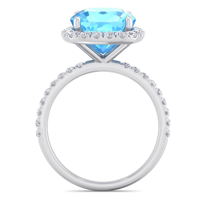 6 Carat Cushion Cut Blue Topaz and Diamond Ring In 14 Karat White Gold