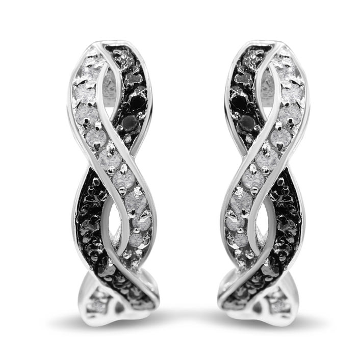 1/4 Carat Black and White Diamond Swirl Hoop Earrings, 1/2 Inch, Hidden Snap Backs
