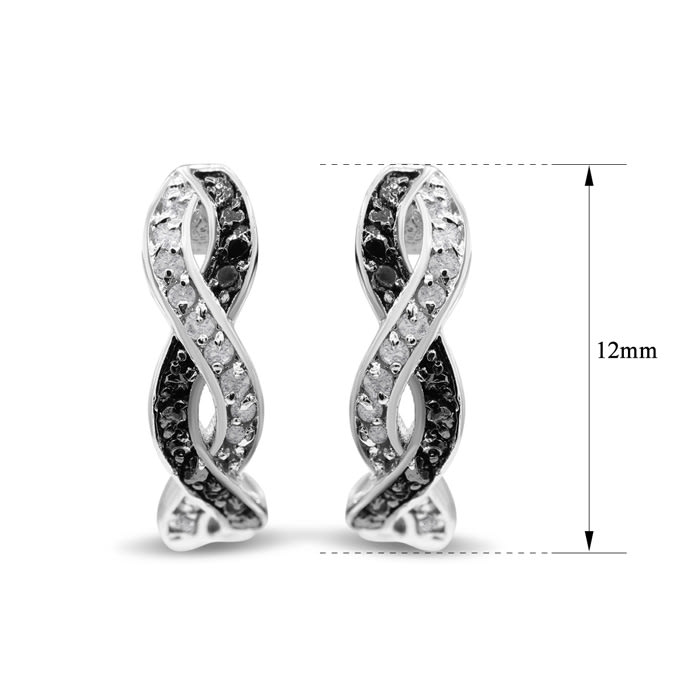 1/4 Carat Black and White Diamond Swirl Hoop Earrings, 1/2 Inch, Hidden Snap Backs
