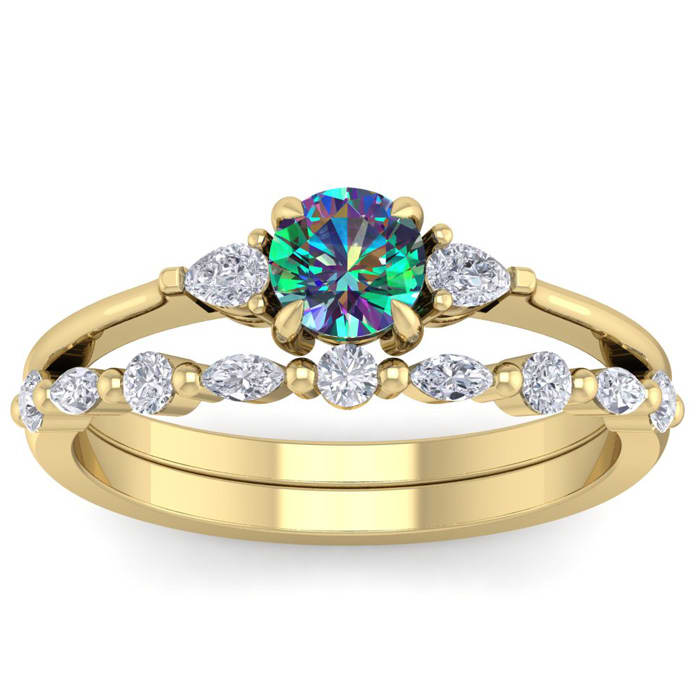 3/4 Carat Round Shape Mystic Topaz Ring and Diamond Band - Bridal Set In 14 Karat Yellow Gold