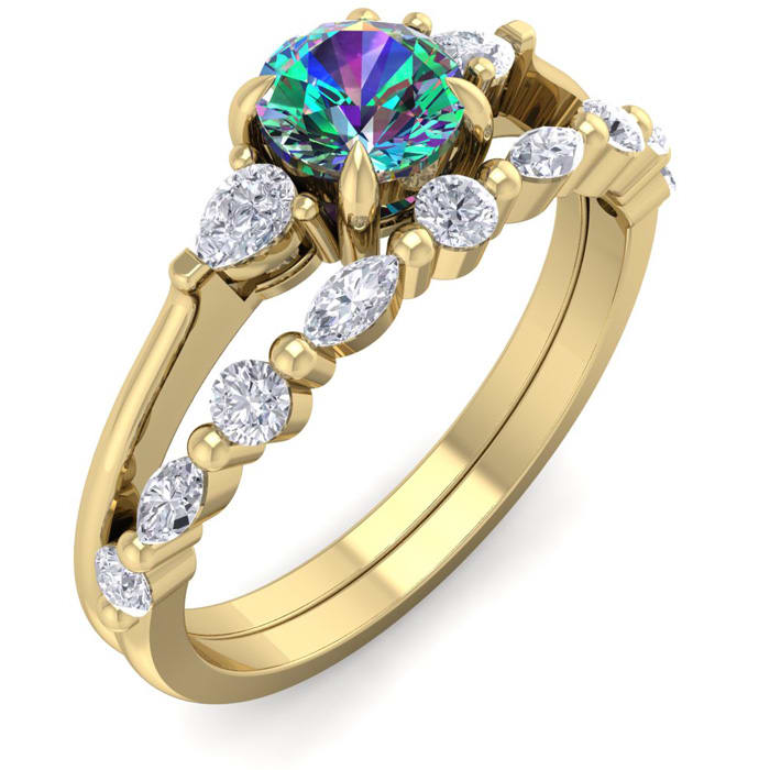 3/4 Carat Round Shape Mystic Topaz Ring and Diamond Band - Bridal Set In 14 Karat Yellow Gold