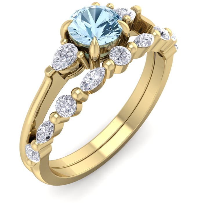 Aquamarine Ring: Aquamarine Jewelry: 7/8 Carat Aquamarine and Diamond Antique Style Bridal Set In 14 Karat Yellow Gold