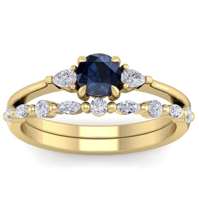 1 Carat Sapphire and Diamond Antique Style Bridal Set In 14 Karat Yellow Gold