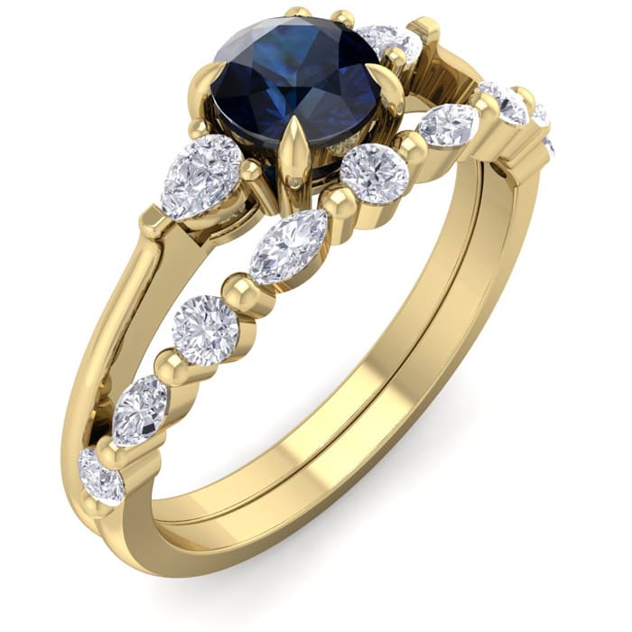 1 Carat Sapphire and Diamond Antique Style Bridal Set In 14 Karat Yellow Gold