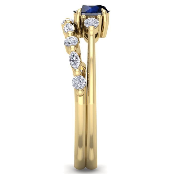 1 Carat Sapphire and Diamond Antique Style Bridal Set In 14 Karat Yellow Gold