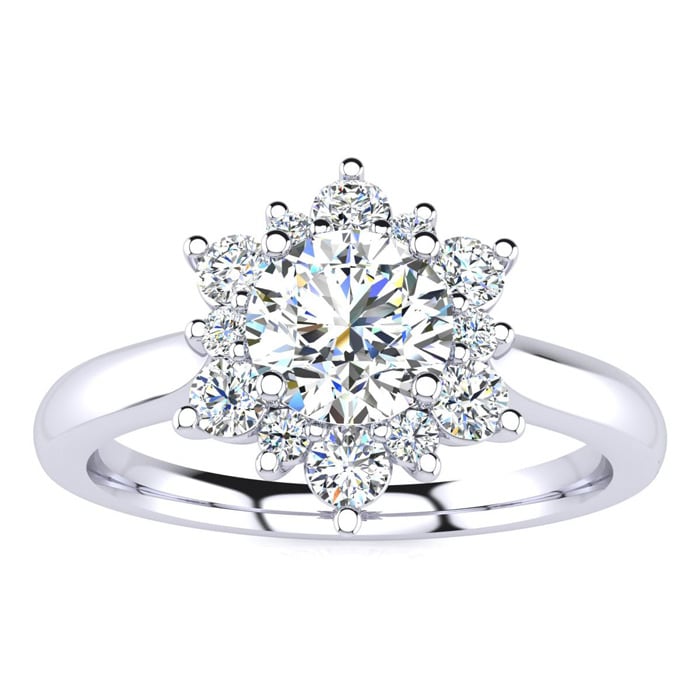 Moissanite Engagement Ring; 1 1/2 Carat Round Shape Flower Halo Moissanite Engagement Ring In 14K White Gold