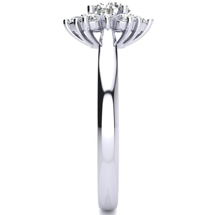 Moissanite Engagement Ring; 1 1/2 Carat Round Shape Flower Halo Moissanite Engagement Ring In 14K White Gold