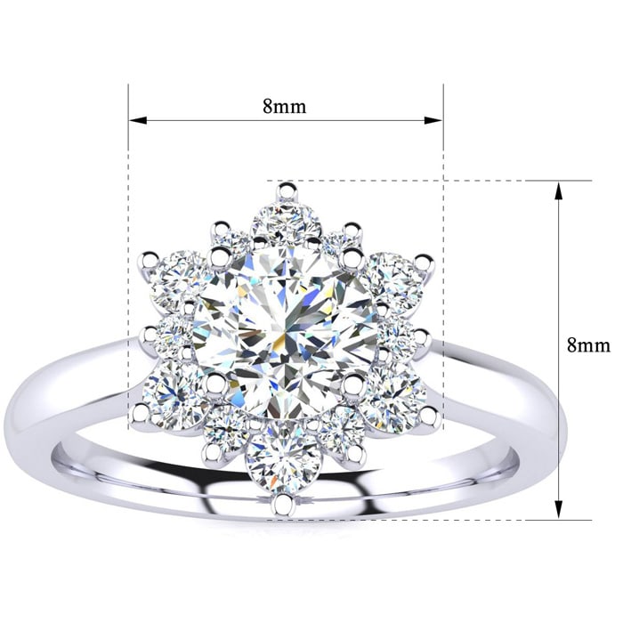 Moissanite Engagement Ring; 1 1/2 Carat Round Shape Flower Halo Moissanite Engagement Ring In 14K White Gold