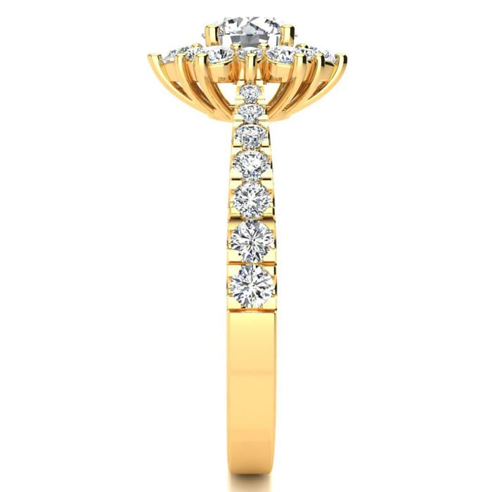Moissanite Engagement Ring; 2 Carat Round Shape Flower Halo Moissanite Engagement Ring In 14K Yellow Gold