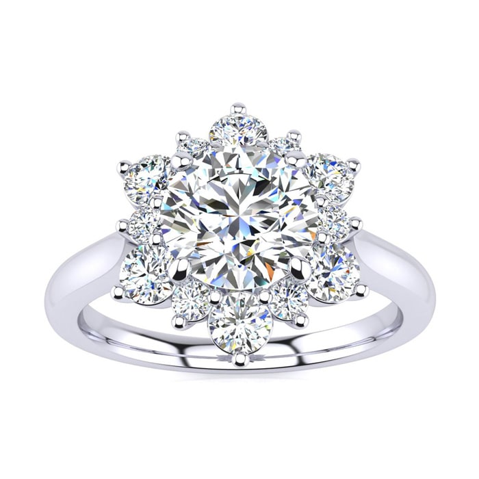 Moissanite Engagement Ring; 3/4 Carat Round Shape Flower Halo Moissanite Engagement Ring In 14K White Gold