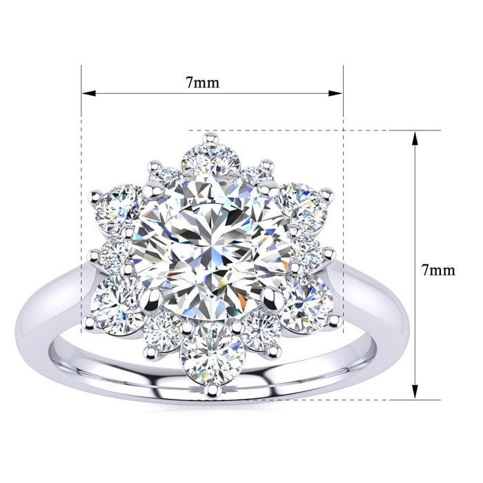 Moissanite Engagement Ring; 3/4 Carat Round Shape Flower Halo Moissanite Engagement Ring In 14K White Gold