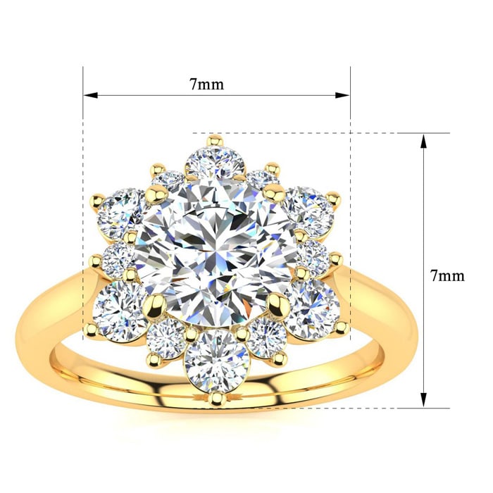 Moissanite Engagement Ring; 3/4 Carat Round Shape Flower Halo Moissanite Engagement Ring In 14K Yellow Gold