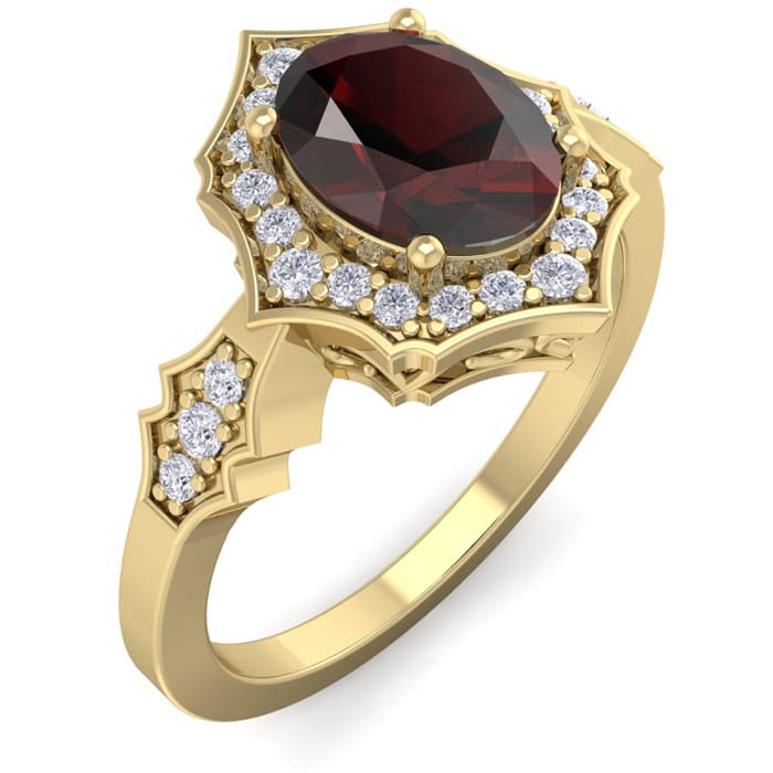Garnet Ring: Garnet Jewelry: 1 3/4 Carat Oval Shape Garnet and Diamond Ring In 14 Karat Yellow Gold