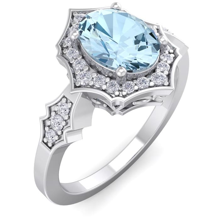 Aquamarine Ring: Aquamarine Jewelry: 1 1/2 Carat Oval Shape Aquamarine and Diamond Ring In 14 Karat White Gold