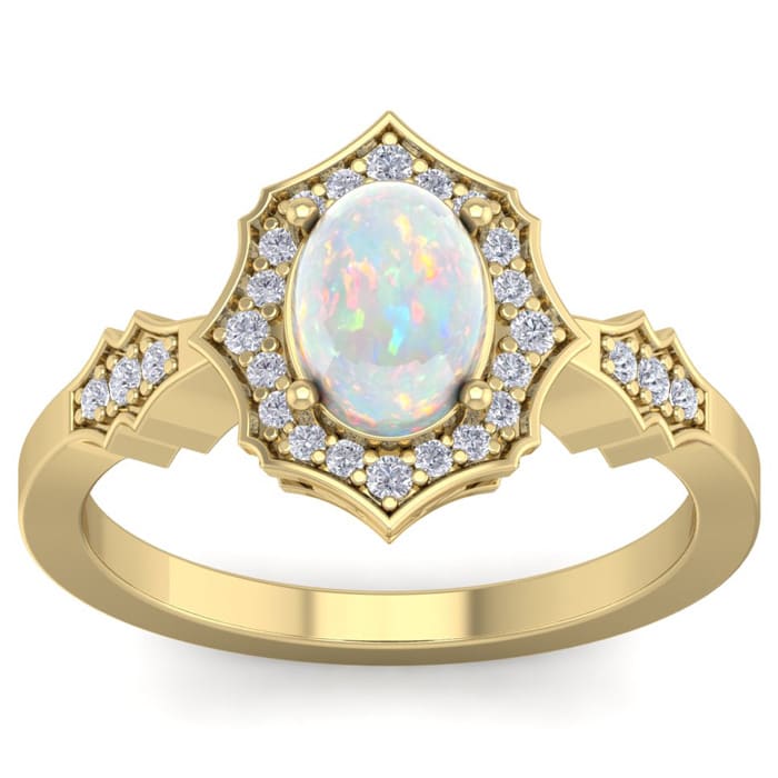 1-1/4 Carat Oval Shape Opal Ring with Diamonds In 14 Karat Yellow Gold