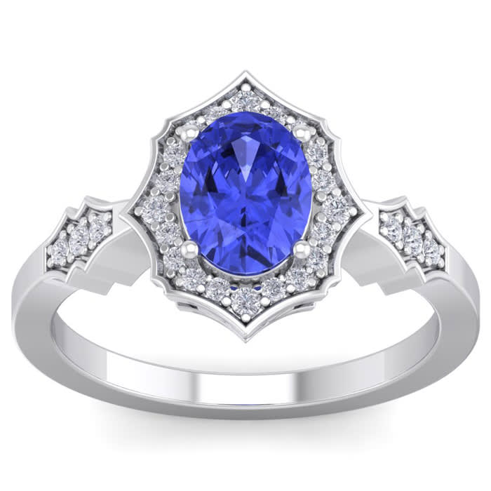 1 1/2 Carat Oval Shape Tanzanite and Diamond Ring In 14 Karat White Gold