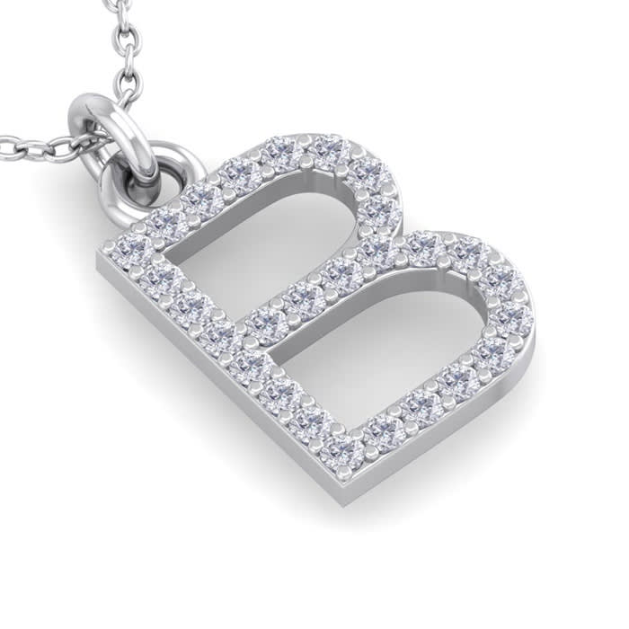 Letter B Diamond Initial Necklace In 14 Karat White Gold With 27 Diamonds